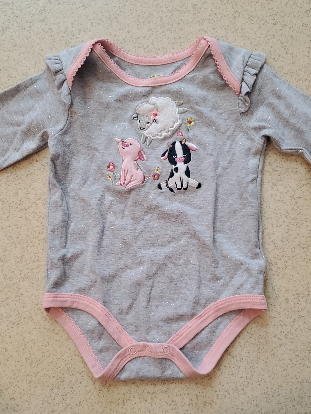 John Deere Gray and Pink Animal Embroidered Baby One-Piece